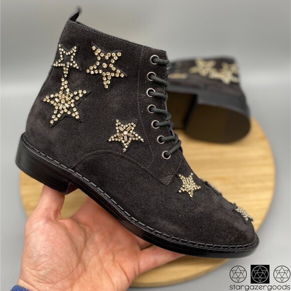 Coach Boots Womens 7 B Black Sued Watts Crystal Rhinestones Star Side Zip G2313 - Picture 1 of 14